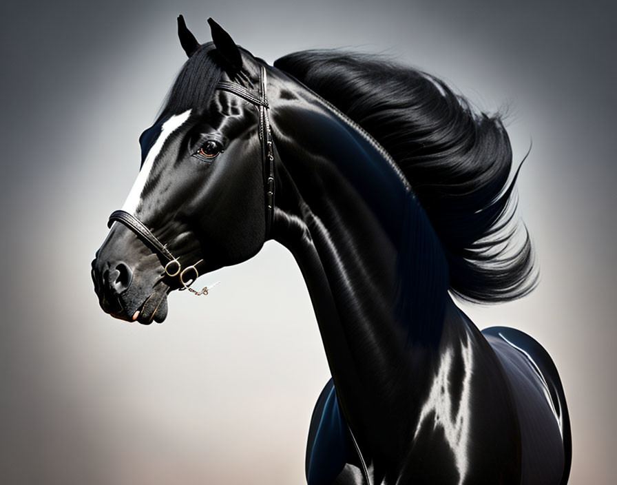 Black horse with bridle on gray background