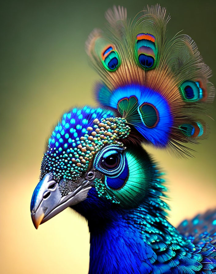 Vibrant blue and green peacock plumage with detailed eyespots on feathers.