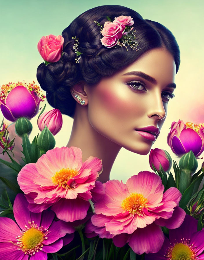 Woman with Flowered Hair Surrounded by Pink Blooms on Teal Background