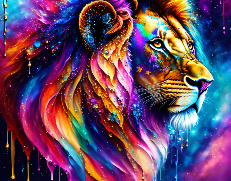 Colorful Lion Artwork with Cosmic Nebula Mane