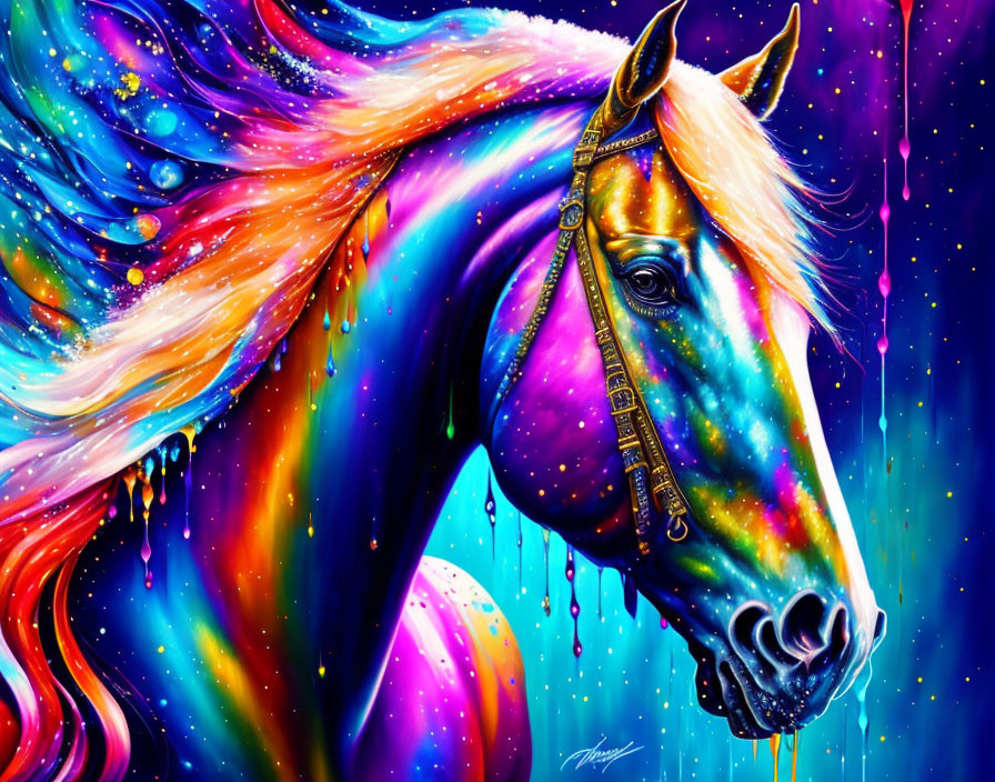 Colorful Horse Painting with Cosmic Galaxy Background