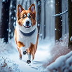 Brown and White Dog Running in Snowy Forest