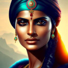 Digital artwork featuring woman in turban, ornate jewelry, and palace backdrop.