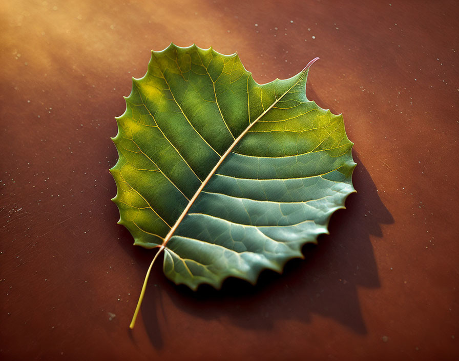 Green leaf with jagged edges on smooth brown surface under warm light