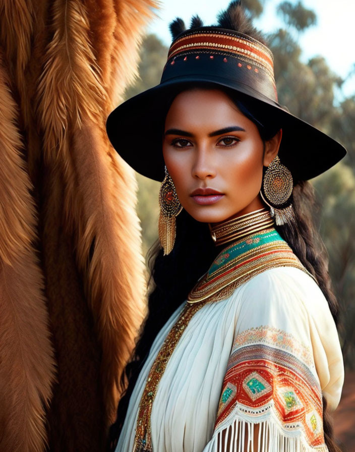 Dark-haired woman in decorative hat with camel in desert setting