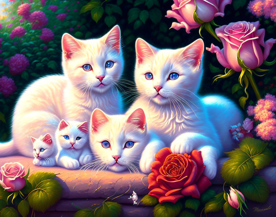 Four White Cats with Blue Eyes Surrounded by Pink Roses and Greenery