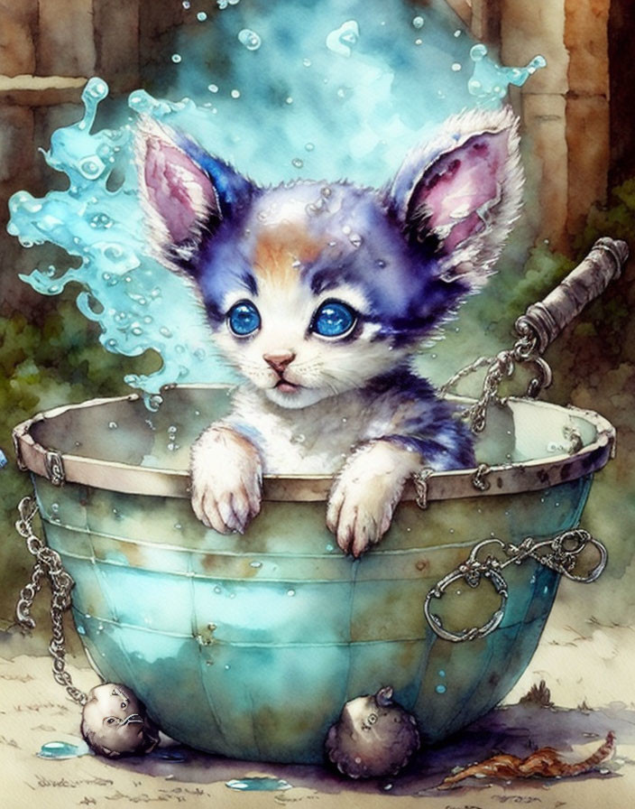 Blue and white fur kitten in bucket with splashing water and floating balls