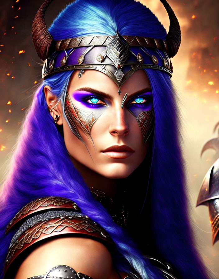 Fantasy digital artwork of female warrior with blue hair and armor