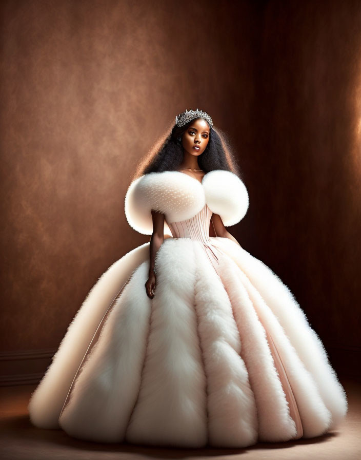 Elegant woman in cream gown with puff sleeves and tiara