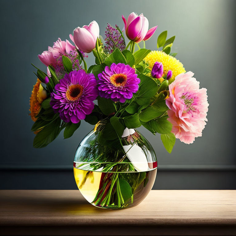 Colorful Mixed Flower Bouquet in Glass Vase on Wooden Surface