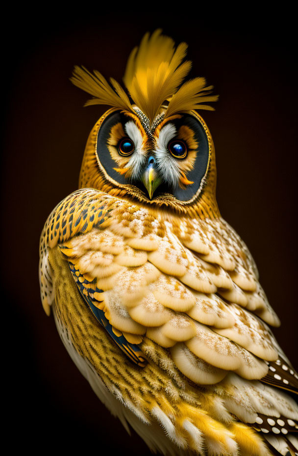 Detailed portrait of an owl with vibrant orange and blue eyes and intricate feather patterns