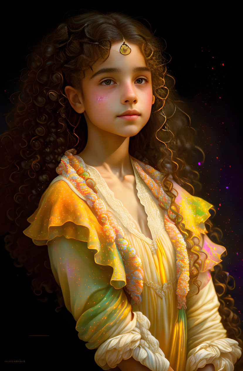 Portrait of young girl with curly hair in ornate yellow outfit against dark, starry background