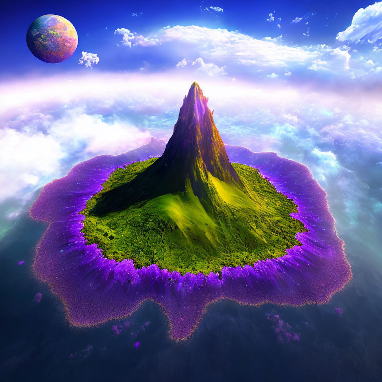 Colorful digital artwork: green mountain, purple foliage, floating above clouds, distant planet in sky.