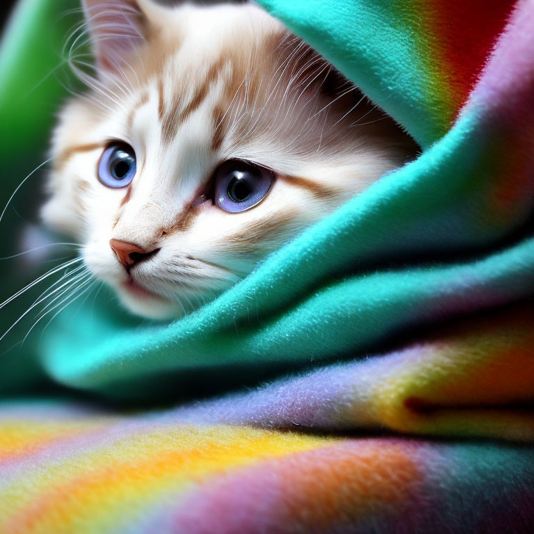Adorable Kitten with Striking Blue Eyes in Colorful Fabric