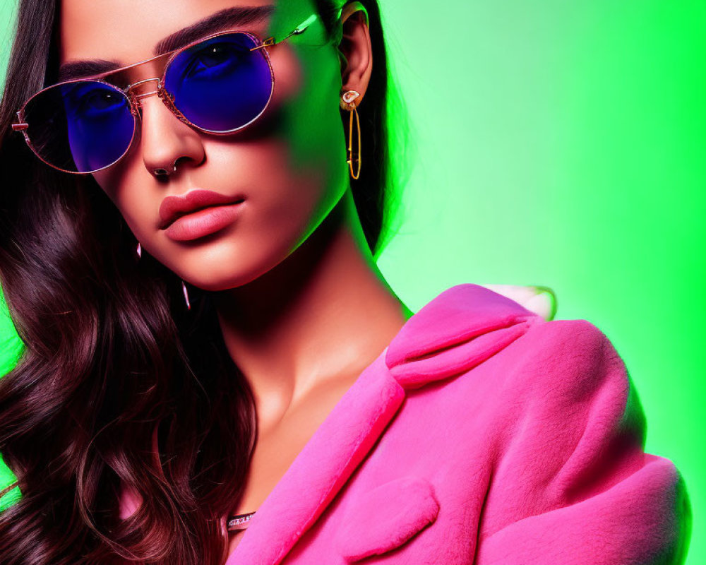 Woman in Blue Sunglasses and Pink Blazer on Green Background