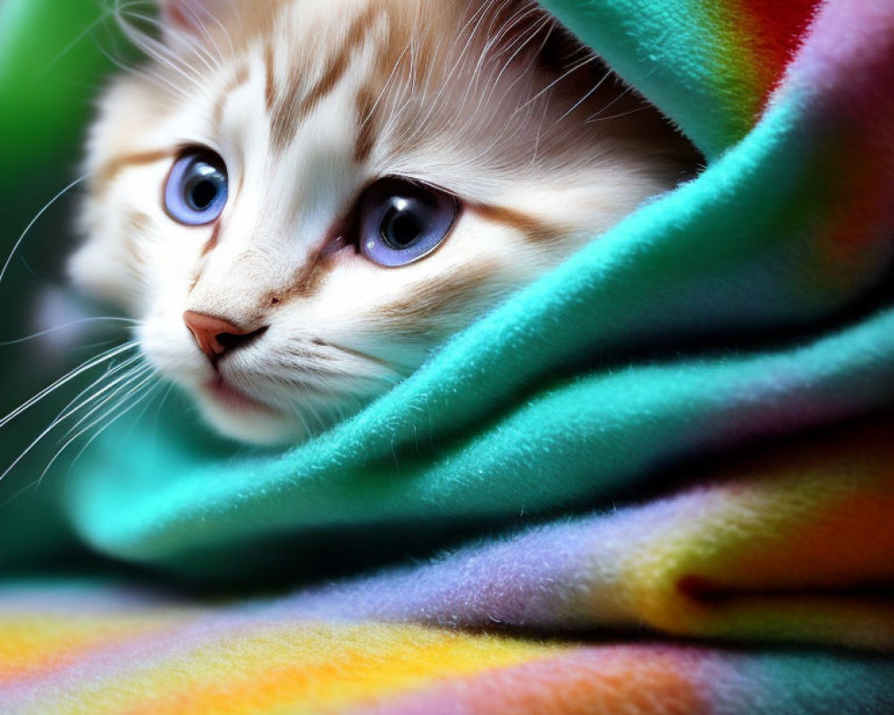 Adorable Kitten with Striking Blue Eyes in Colorful Fabric