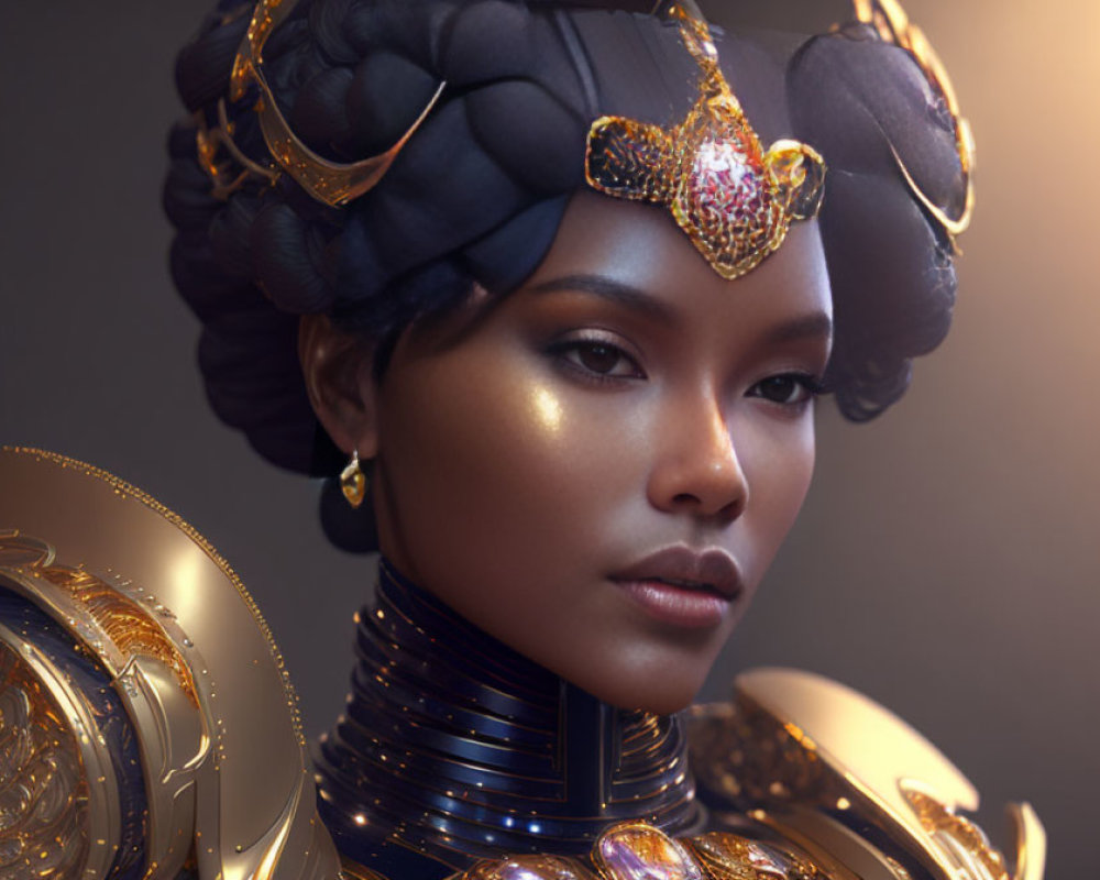 Regal digital artwork of elegant woman in ornate headdress and armor