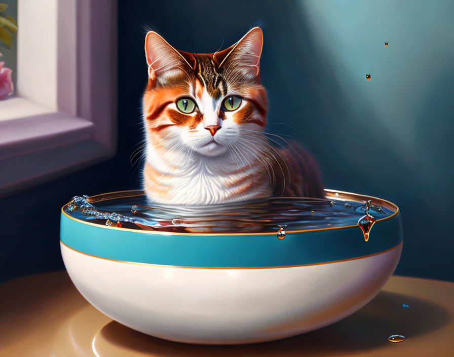 Orange and White Cat with Green Eyes in Water Bowl