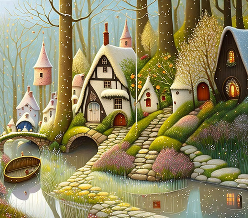 Whimsical fairytale village nestled in mystical forest