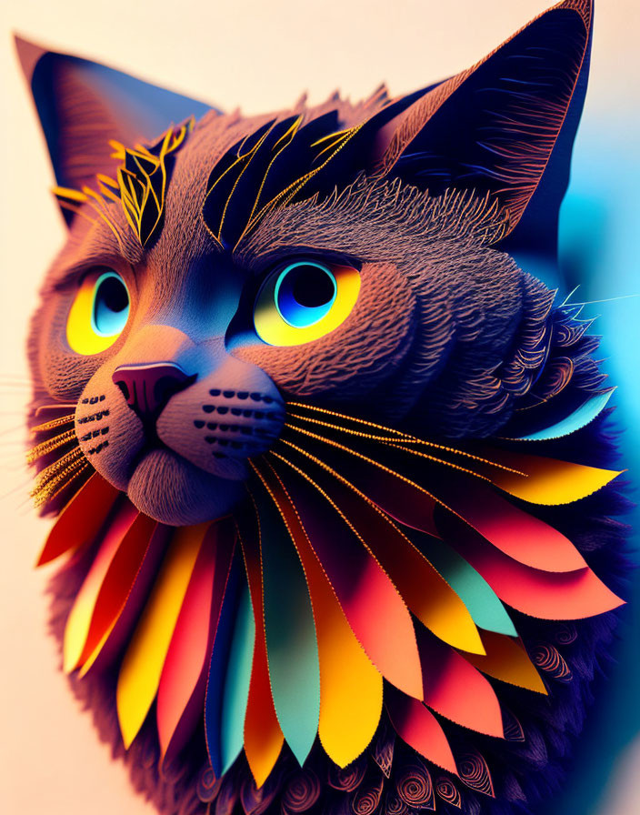 Colorful Digital Illustration of Stylized Cat with Multicolored Mane