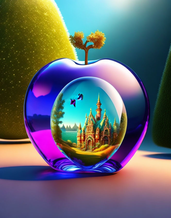 Colorful illustration of glossy apple with fantasy landscape: castle, trees, flying character, evening sky