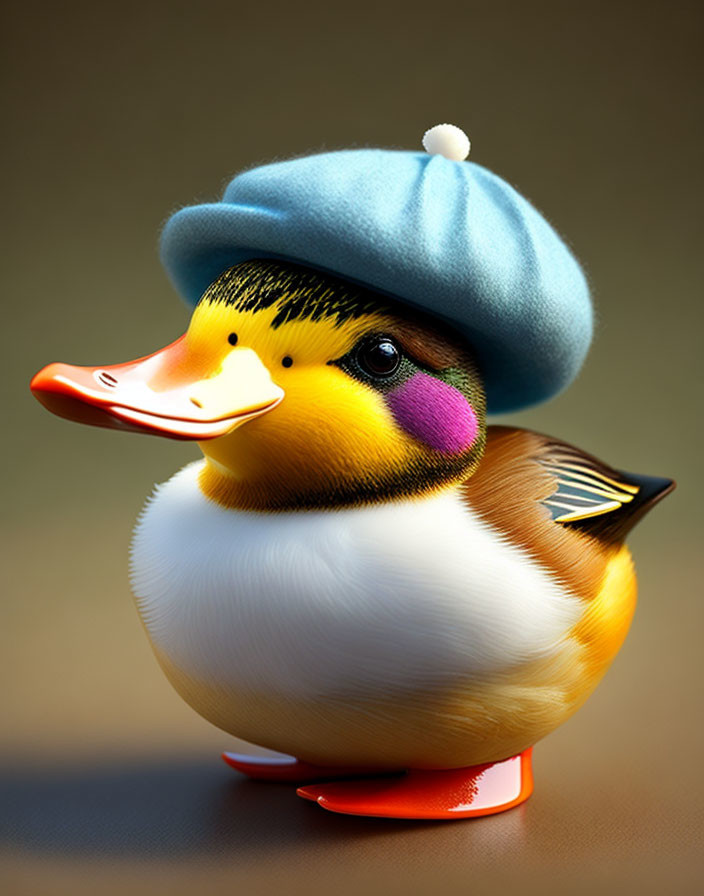 Colorful Rubber Duck with Blue Beret on Soft Brown Background