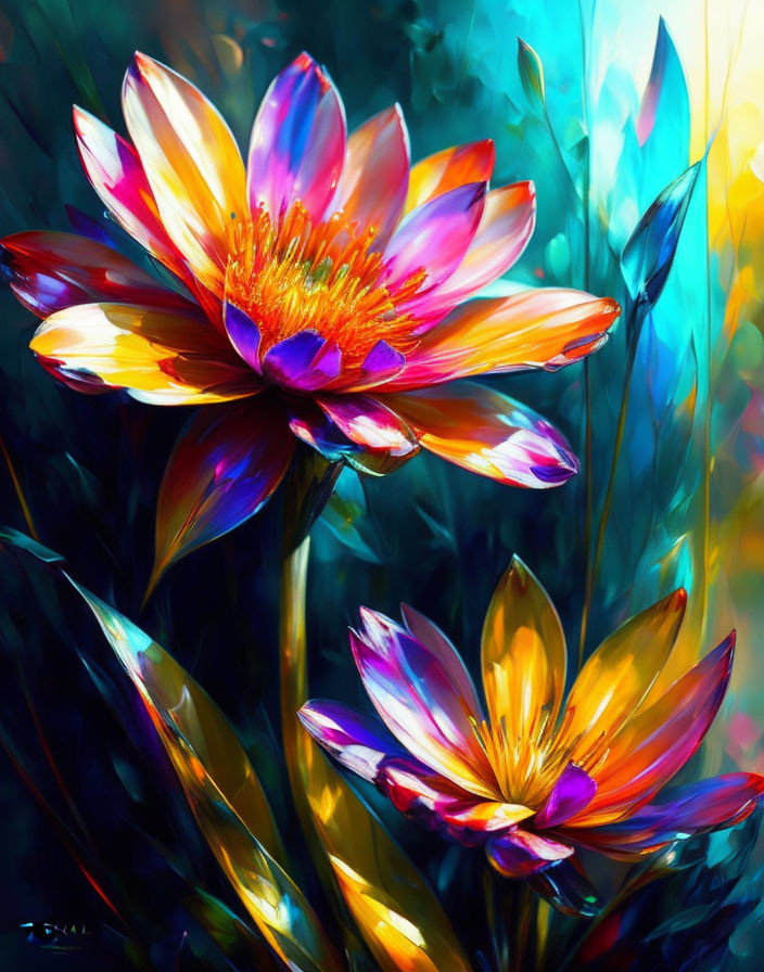 Colorful Flowers Painting with Luminous Petals on Dark Background