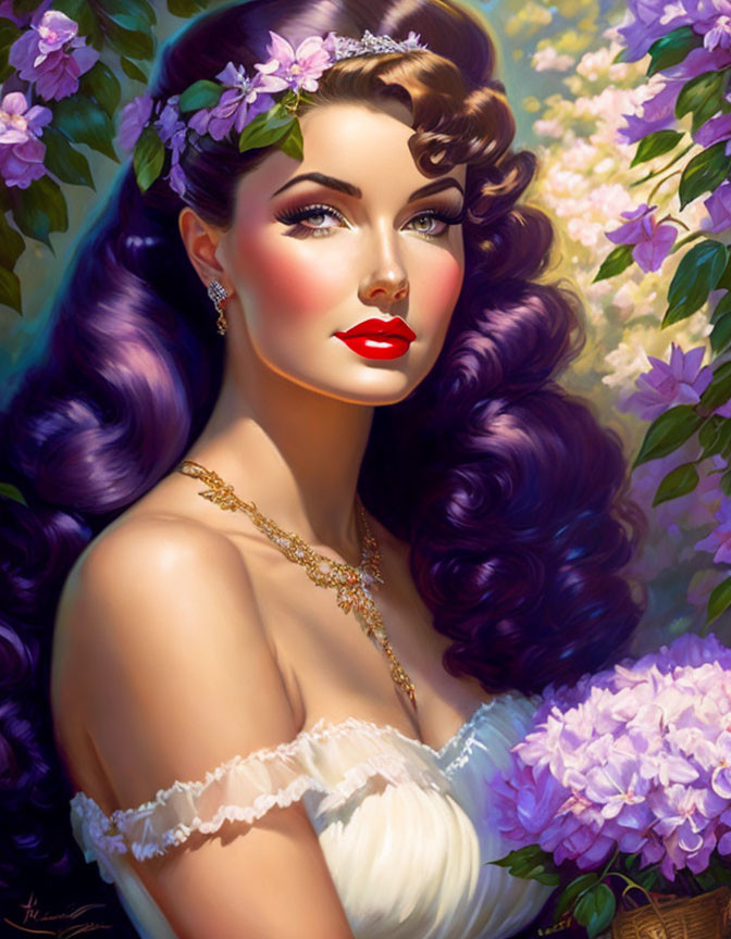 Vivid illustration: woman with purple hair and floral dress in lilac garden