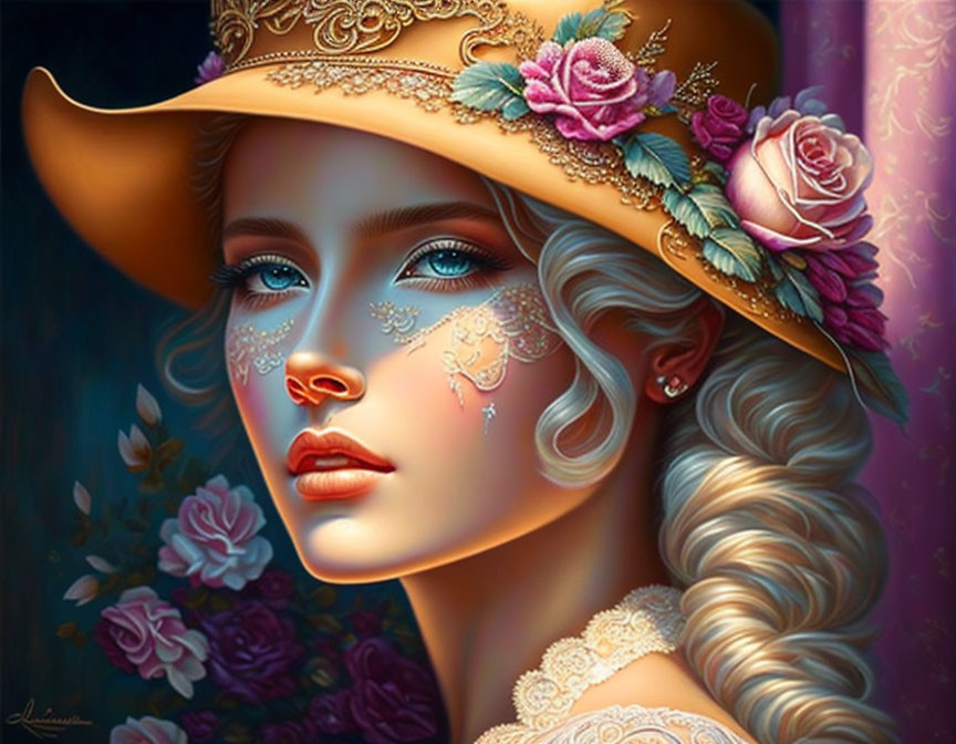 Stylized woman portrait with intricate facial adornments and floral hat against blue floral backdrop