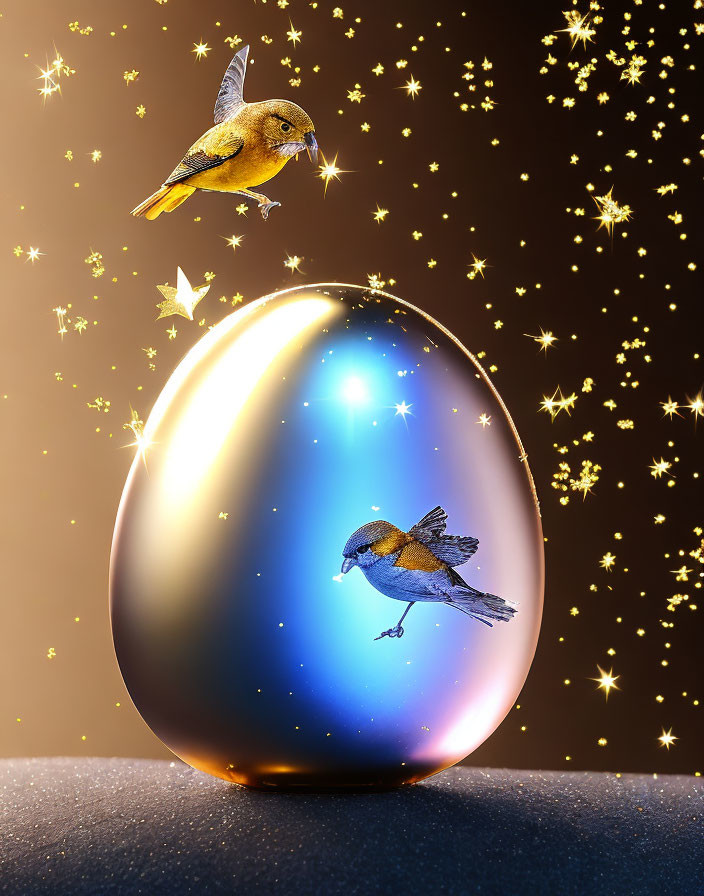 Shimmering cosmic egg with stars and birds in motion