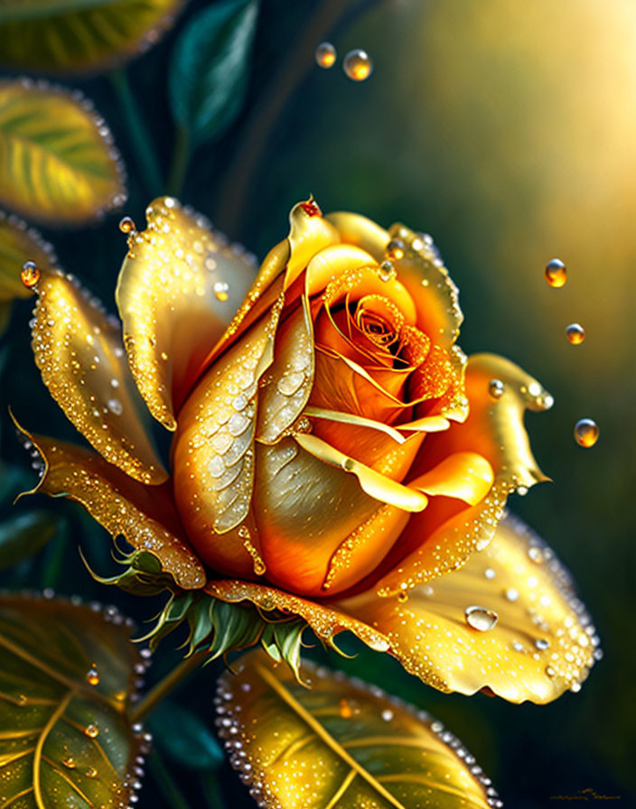 Yellow Rose with Water Droplets on Petals Against Dark Background