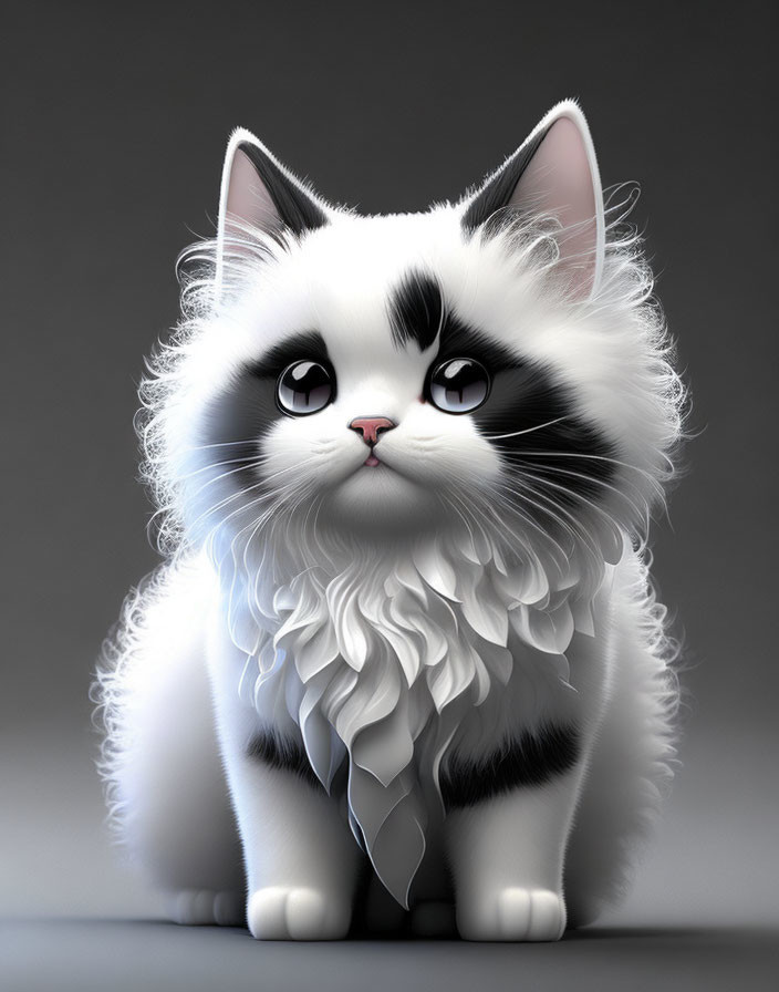 Fluffy black and white cat digital illustration