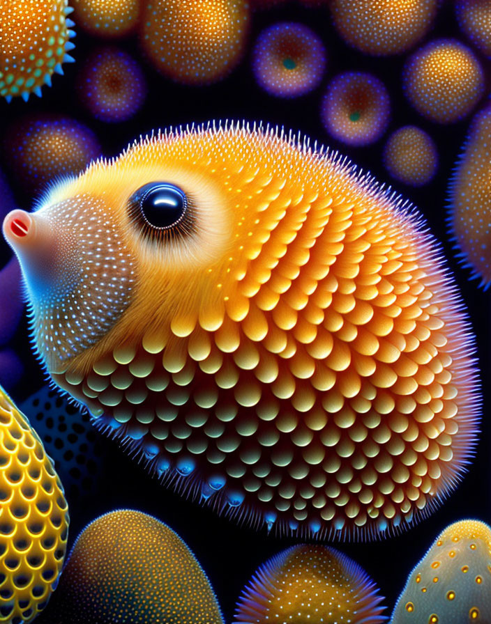 Vibrant stylized pufferfish with textured spheres on dark backdrop