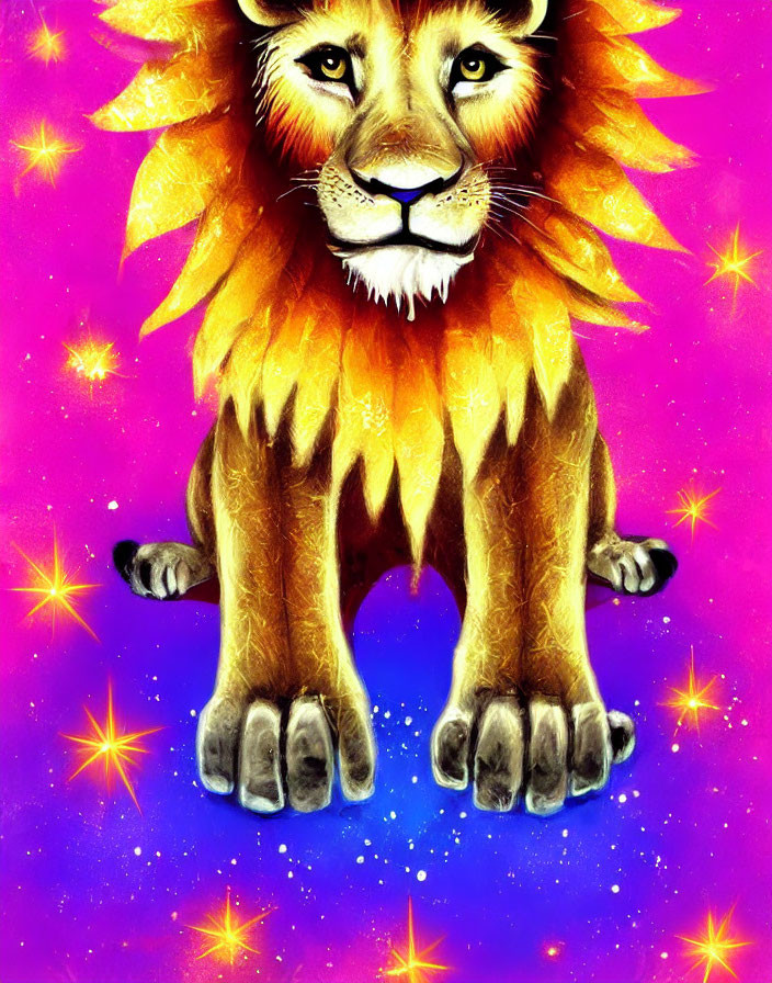 Colorful lion illustration with sun-like mane on purple backdrop.