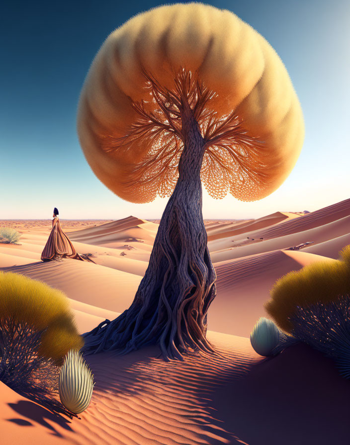 Surreal desert scene with woman in long dress and unique tree