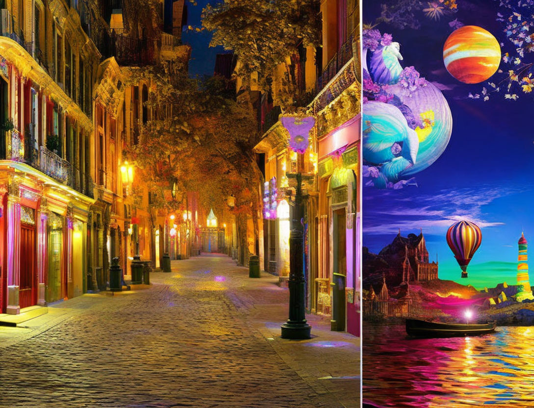 Contrasting Split-Image: Cobblestone Street vs. Fantasy Landscape