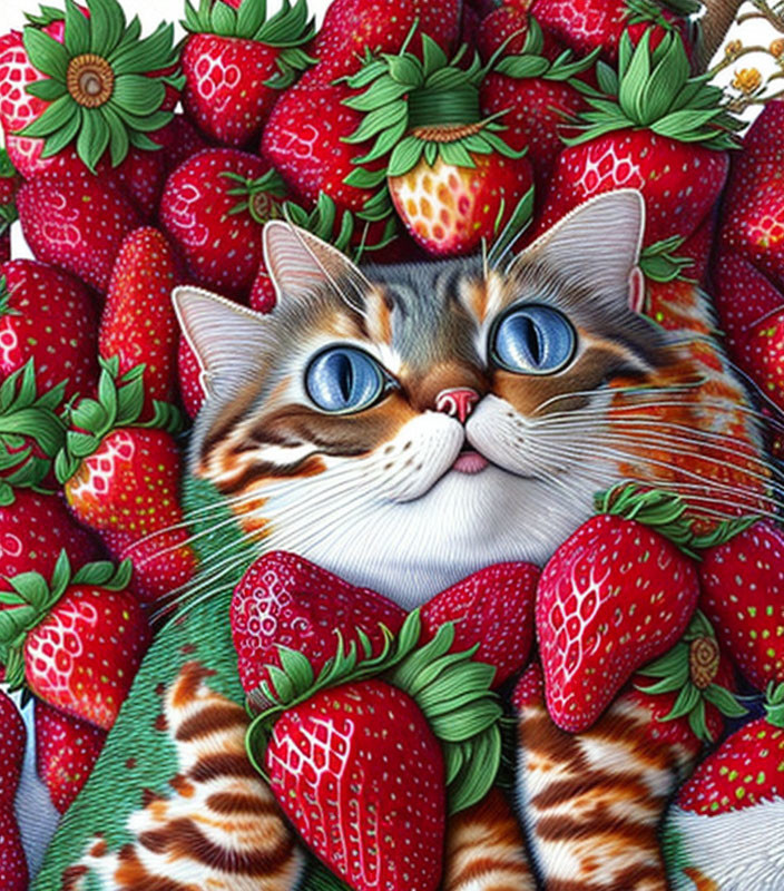 Colorful Tabby Cat with Blue Eyes Surrounded by Strawberries and Leaves