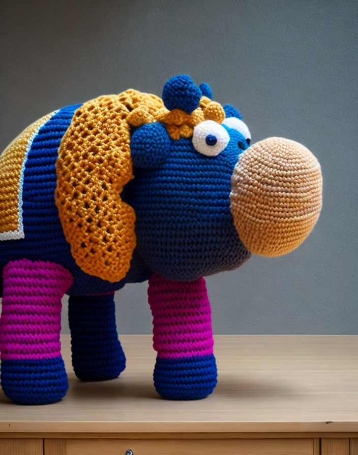 Colorful Crocheted Toy Hippopotamus with Blue, Yellow, and Pink Details