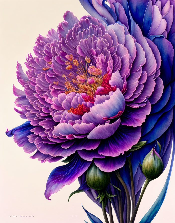 Detailed illustration of large peony flower with purple and blue petals on pale background