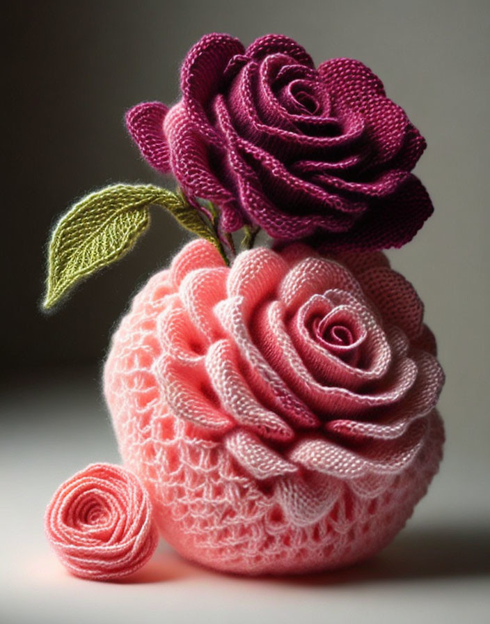 Pink Knitted Vase with 3D Roses and Green Leaves