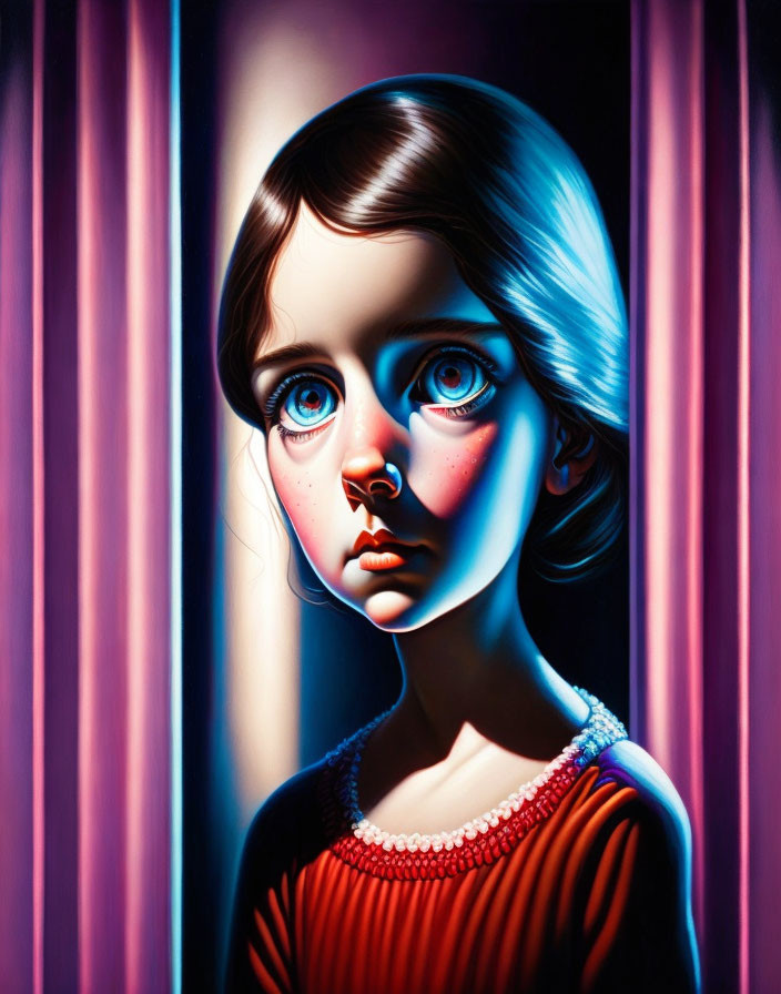 Young girl with blue eyes in red outfit against striped background