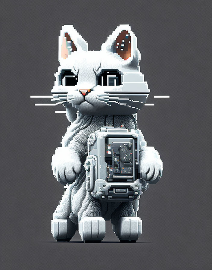 Cyborg Cat Pixel Art with Metallic Body and Chest Compartment