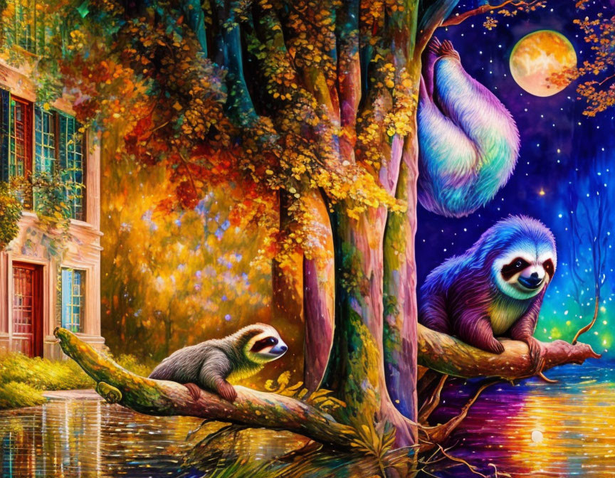 Fantasy painting: Two sloths under starry sky, full moon, colorful foliage, whimsical