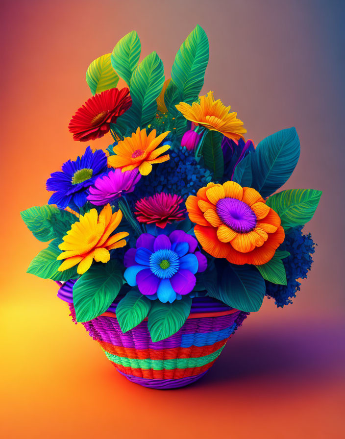 Multicolored Flower Bouquet in Woven Basket on Orange Background