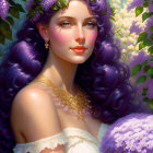 Vivid illustration: woman with purple hair and floral dress in lilac garden