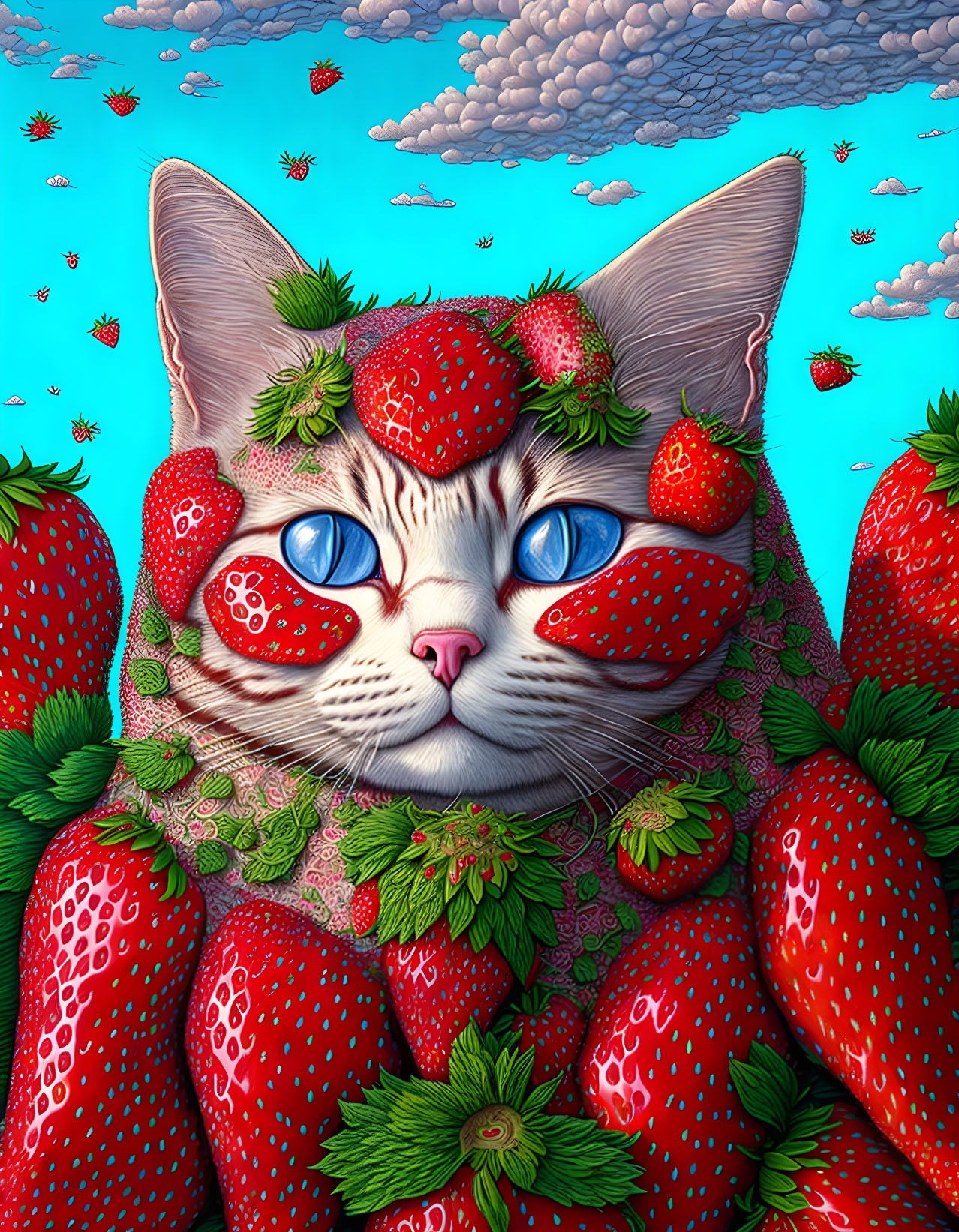 Surreal cat illustration camouflaged in vibrant strawberries under cloudy sky