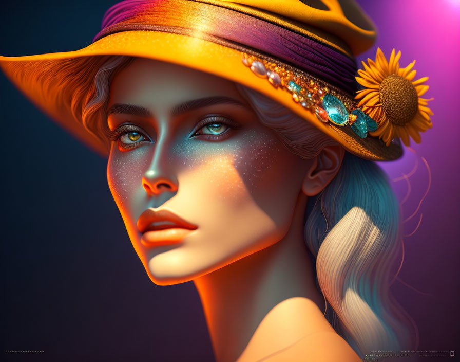 Digital art portrait of woman with ethereal skin, sparkling freckles, sunflower hat, bra