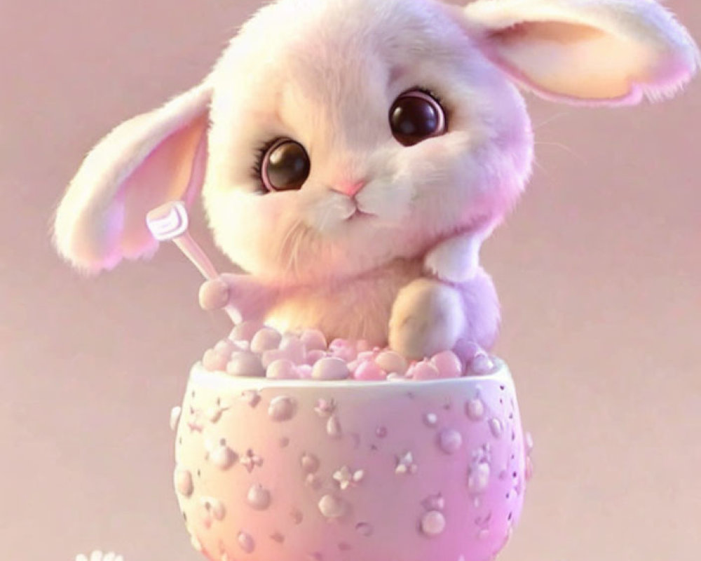 Fluffy bunny in pink bowl with pearls, holding a pearl, surrounded by flowers