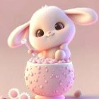 Fluffy bunny in pink bowl with pearls, holding a pearl, surrounded by flowers