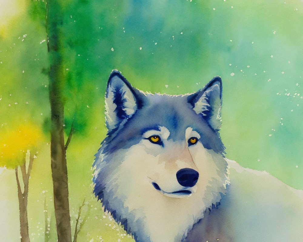 Wolf's head watercolor painting with green forest background